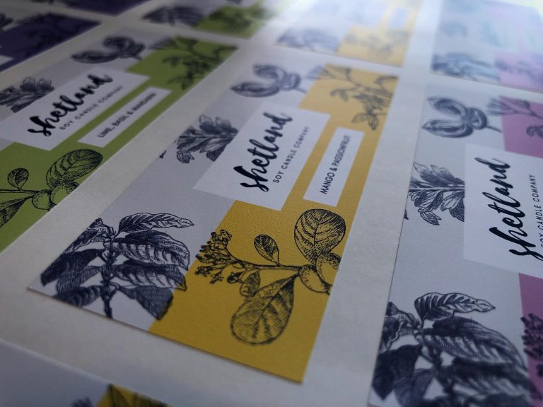 Custom matte vinyl candle labels with floral branding – various shade designs, waterproof non-glare stickers