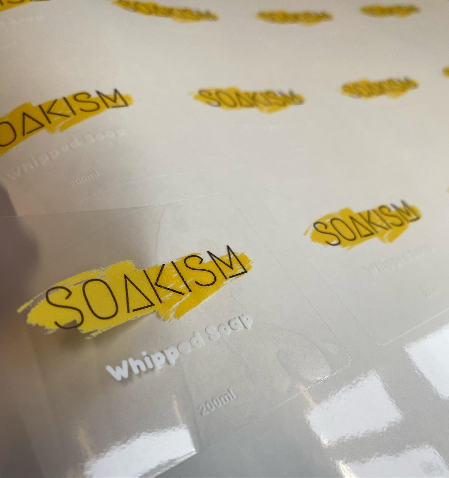 Custom clear glossy vinyl soap labels on backing sheet – full colour print with white ink underbase