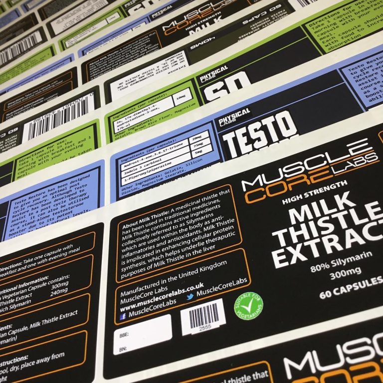 Custom glossy rectangular vinyl supplement labels – branded waterproof stickers in multiple designs