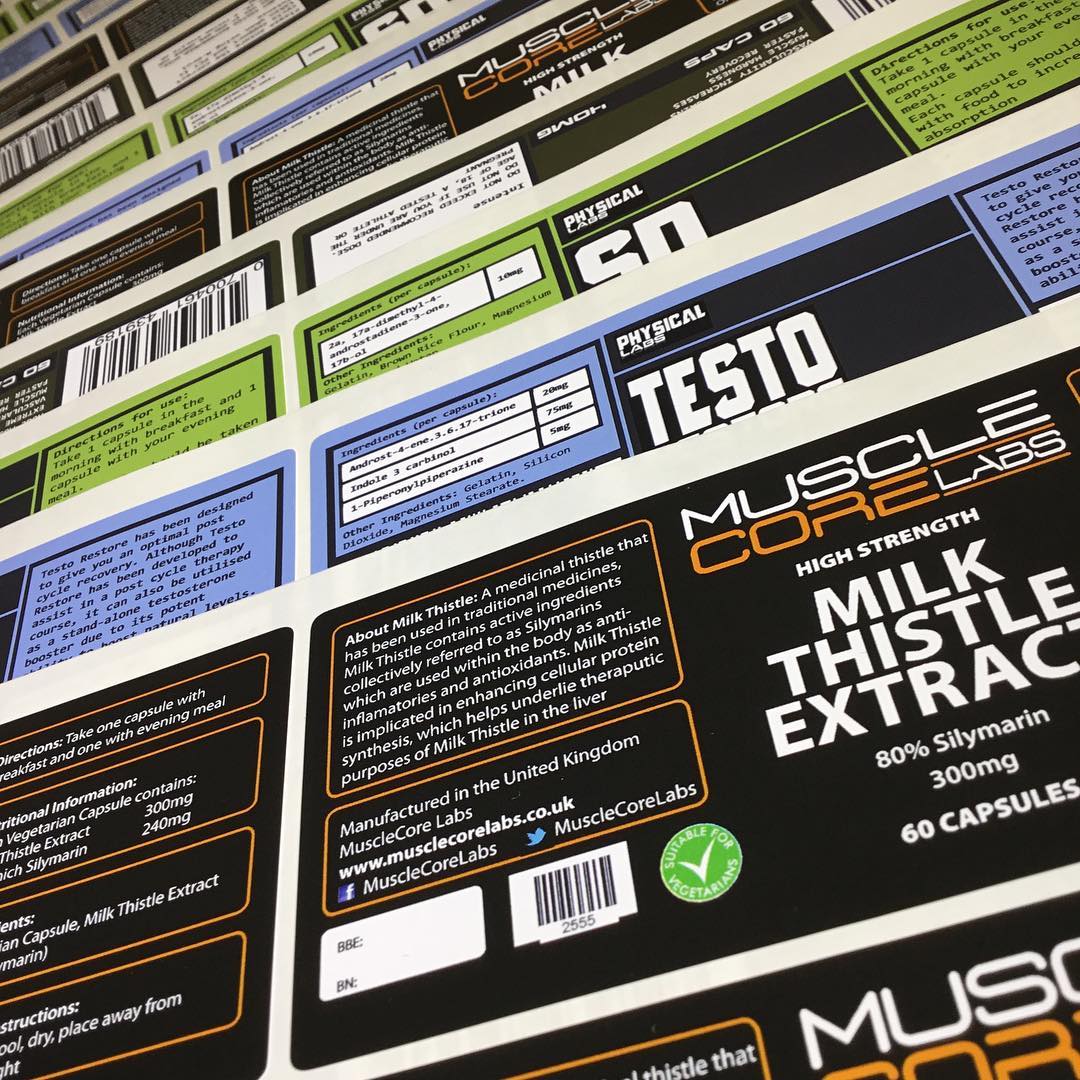 Custom glossy rectangular vinyl supplement labels – branded waterproof stickers in multiple designs