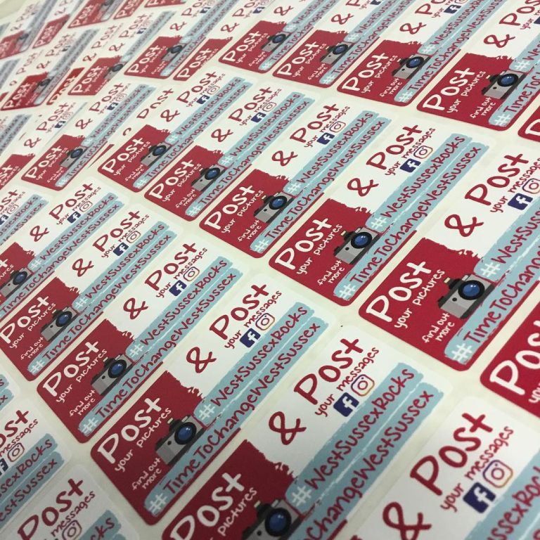 Custom glossy vinyl "share your photo" labels – branded waterproof stickers