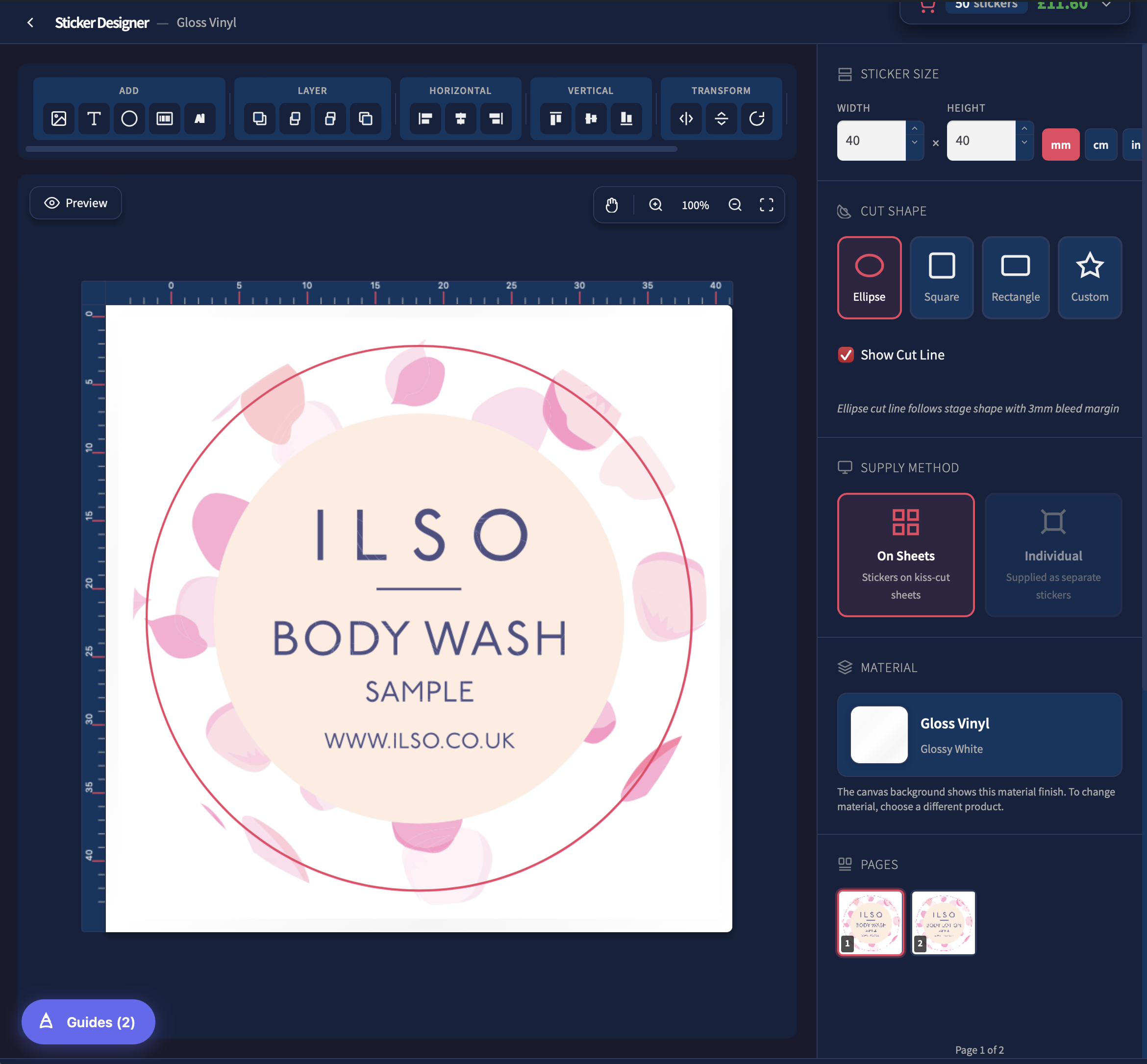 Online sticker designer interface showing custom clear label design – transparent vinyl preview