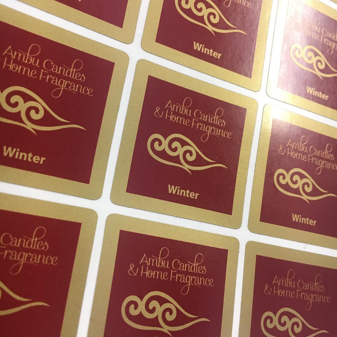 Custom square satin gold vinyl candle labels in red and gold – luxury waterproof stickers