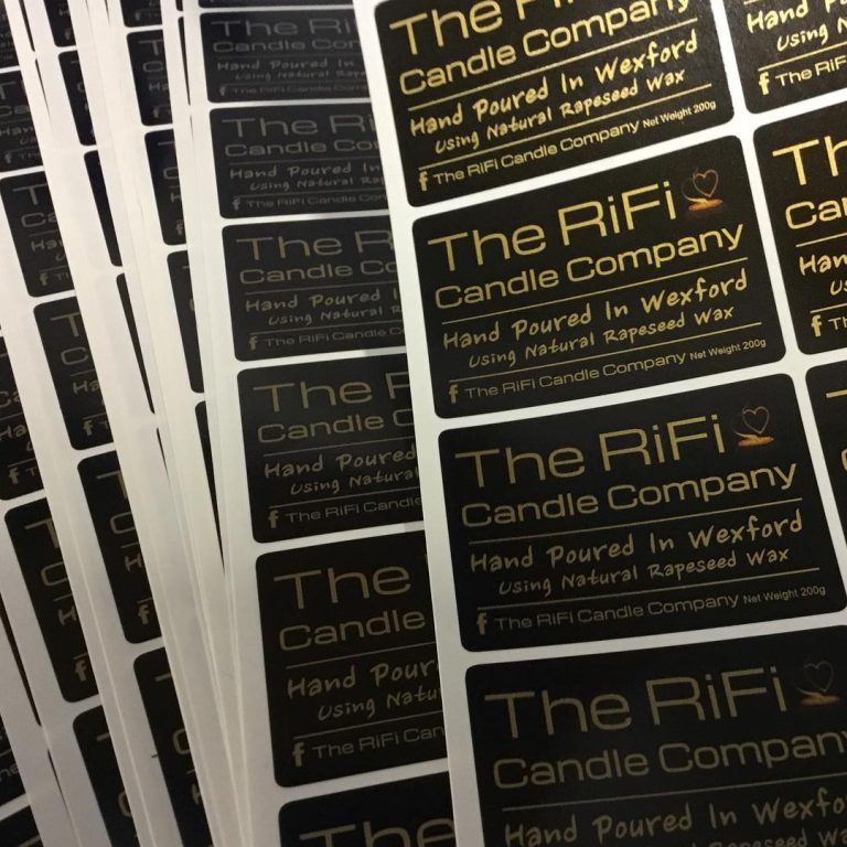 Blck and gold candle labels with clear branding