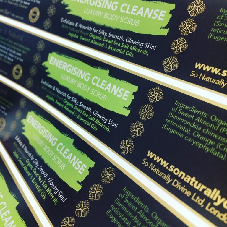 Custom satin gold vinyl "Cleanse" jar label – white and full colour print on luxury metallic sticker