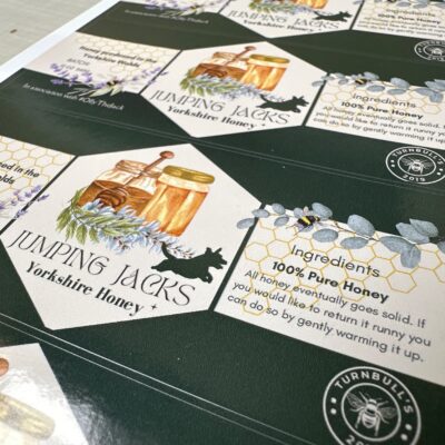 Honey labels, printed with a deep green on glossy vinyl — Glossy Waterproof Stickers